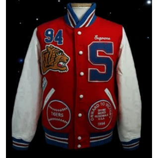 Men White and Red Supreme Letterman Jacket 