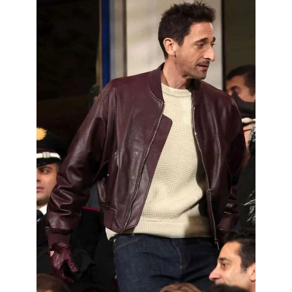 Adrien Brody Maroon Bomber Leather Jacket Adrien Brody Maroon Bomber Leather Jacket