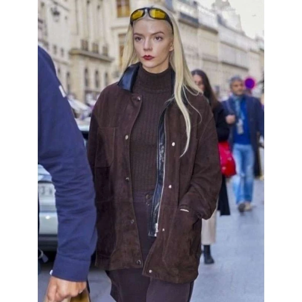 Anya Taylor-Joy PFW Suede Leather Jacket Anya Taylor-Joy PFW Suede Leather Jacket