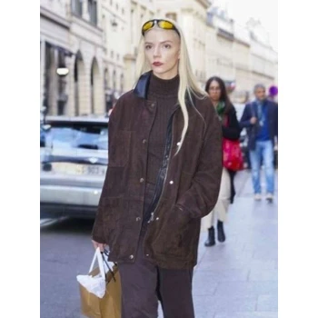 Anya Taylor-Joy PFW Suede Leather Jacket Anya Taylor-Joy PFW Suede Leather Jacket