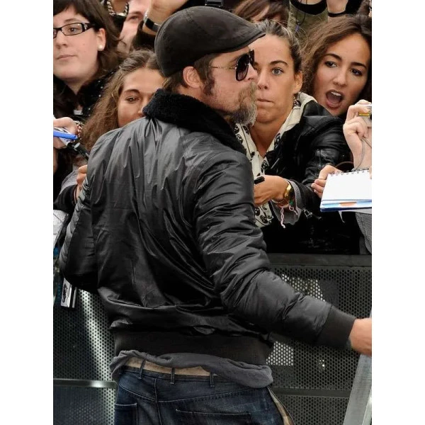 Brad Pitt Black Bomber Shearling Jacket
