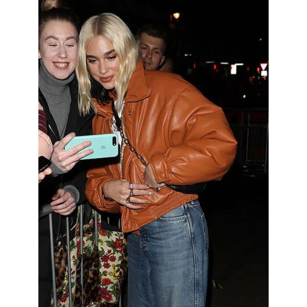Dua Lipa BBC Radio 1 Studios Brown Leather Jacket