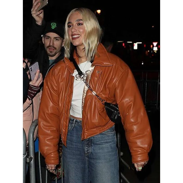 Dua Lipa BBC Radio 1 Studios Brown Leather Jacket