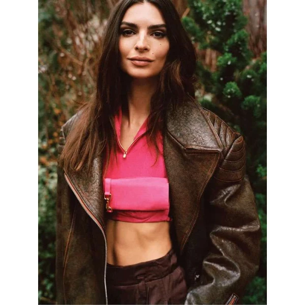 Emily Ratajkowski Brown Distressed Leather Jacket