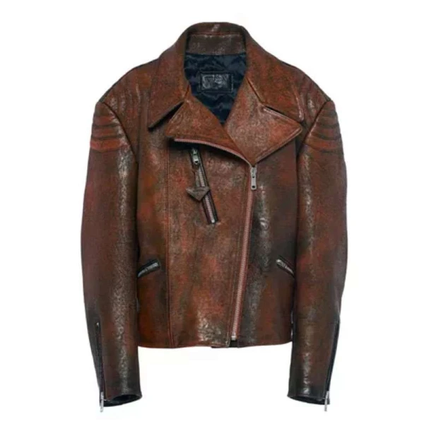 Emily Ratajkowski Brown Distressed Leather Jacket