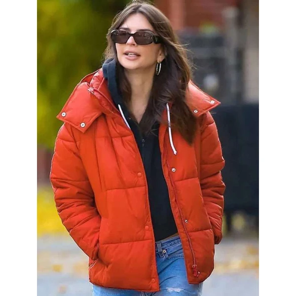 Emily Ratajkowski Orange Puffer Jacket