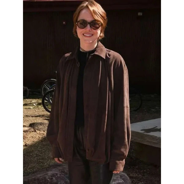 Emma Stone Bugonia Brown Suede Shirt