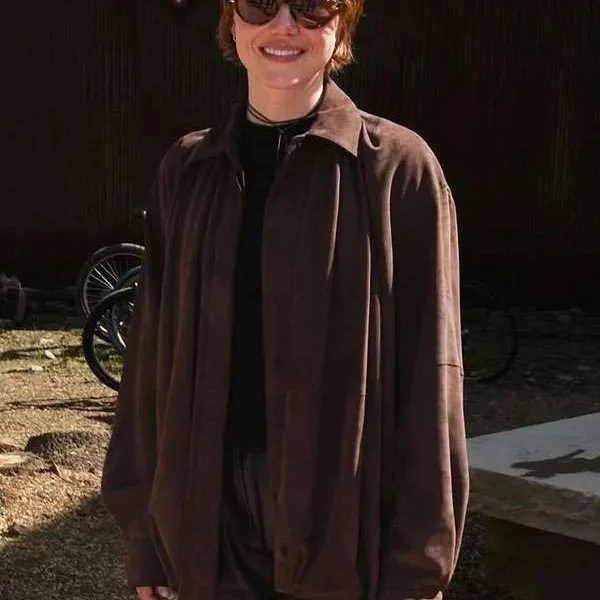 Emma Stone Bugonia Brown Suede Shirt
