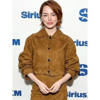 Emma Stone Bugonia Press Tour Brown Suede Jacket