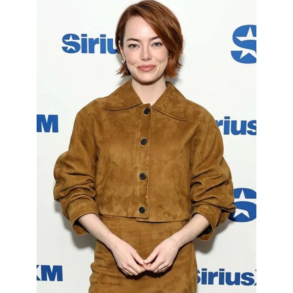 Emma Stone Bugonia Press Tour Brown Suede Jacket