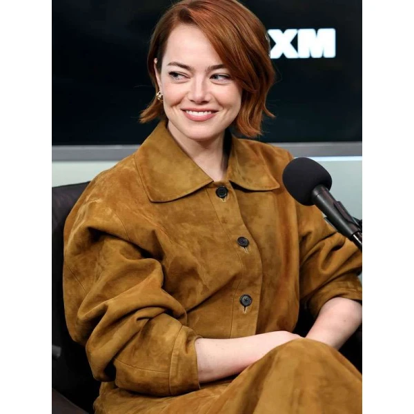 Emma Stone Bugonia Press Tour Brown Suede Jacket