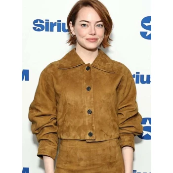 Emma Stone Bugonia Press Tour Brown Suede Jacket