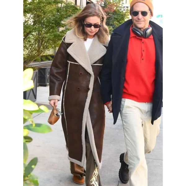 Gigi Hadid NYC 2025 Shearling Brown Leather Coat