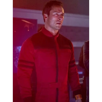 Glen Powell The Running Man 2025 Red Jacket