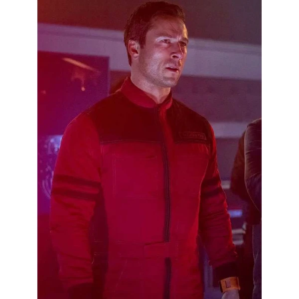 Glen Powell The Running Man 2025 Red Jacket