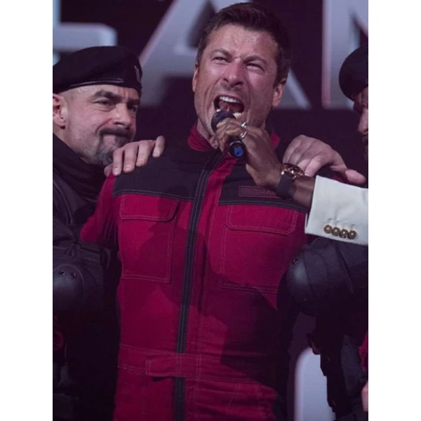 Glen Powell The Running Man 2025 Red Jacket