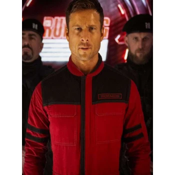 Glen Powell The Running Man 2025 Red Jacket
