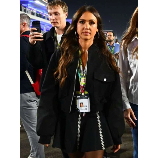 Jessica Alba F1 Qatar Grand Prix 2025 Black Bomber Jacket