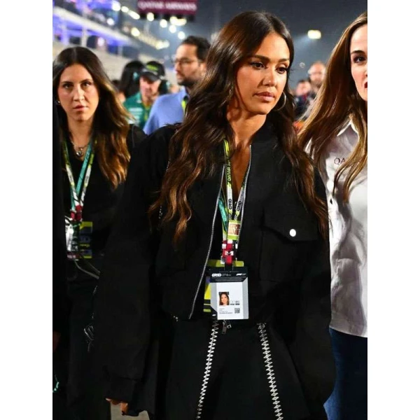 Jessica Alba F1 Qatar Grand Prix 2025 Black Bomber Jacket