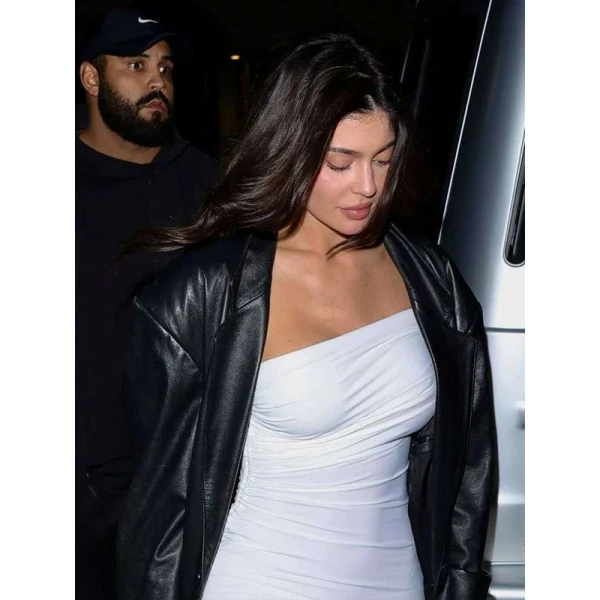 Kylie Jenner Los Angeles 2024 Black Leather Coat