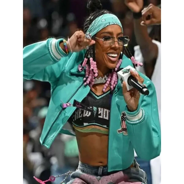 Womens Blue Leather Jacket Lil Mama WNBA Style