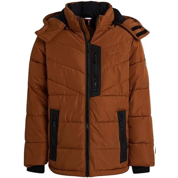 Men Brown Quilted Puffer Jacket with Hood