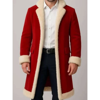 Men Red Christmas Fur Trim Coat