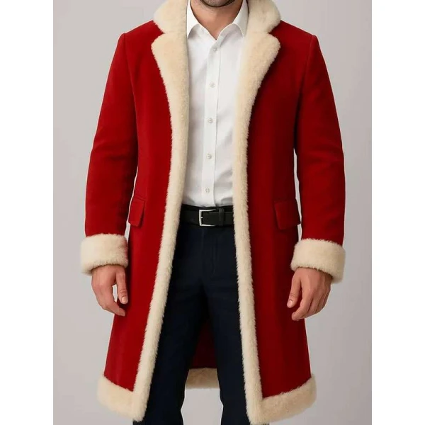 Men Red Christmas Fur Trim Coat