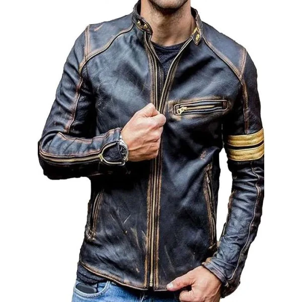 Zipper Men Vintage Black Leather Motorcycle Jacket