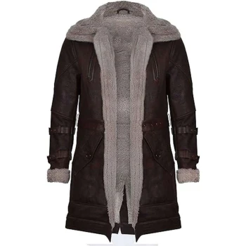 Men Vintage Brown Shearling Leather Double Collar Coat