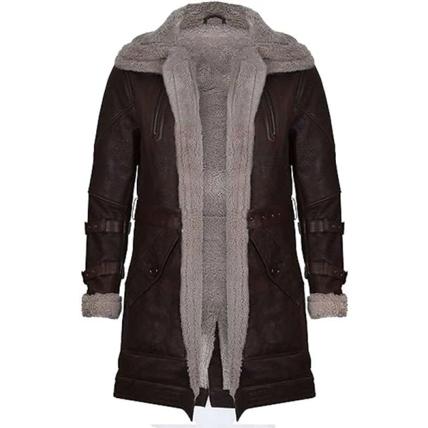 Men Vintage Brown Shearling Leather Double Collar Coat