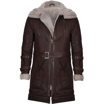 Men Vintage Brown Shearling Leather Double Collar Coat