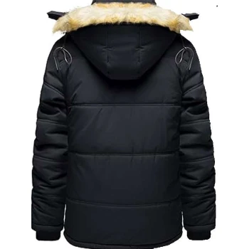 Men Warm Fur Inside Black Puffer Jacket with Detachable Hood