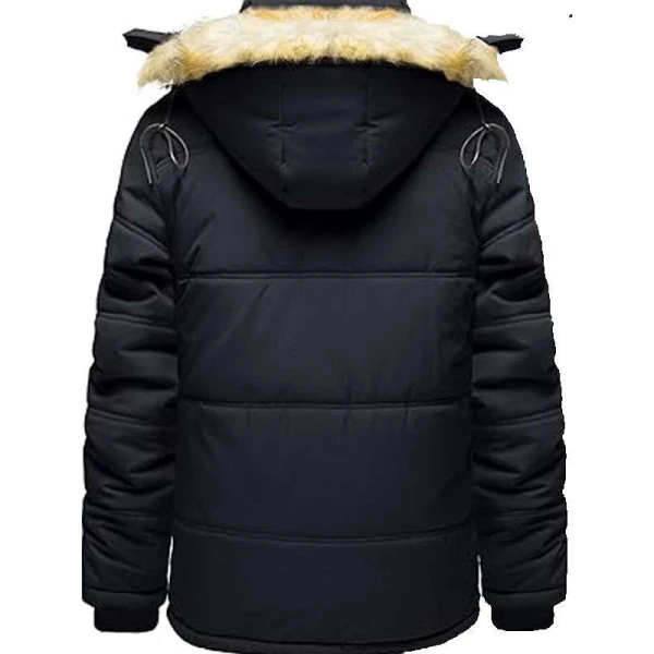 Men Warm Fur Inside Black Puffer Jacket with Detachable Hood