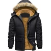Men Warm Fur Inside Black Puffer Jacket with Detachable Hood