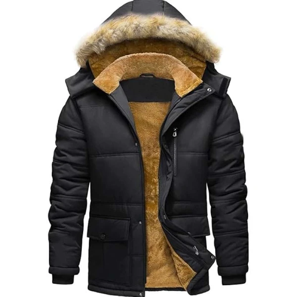 Men Warm Fur Inside Black Puffer Jacket with Detachable Hood