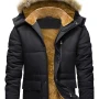 Men Warm Fur Inside Black Puffer Jacket with Detachable Hood