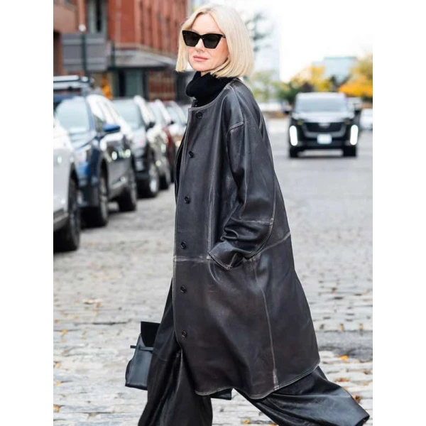 Naomi Watts NYC 2025 Black Leather Coat