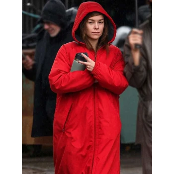 New York City Milly Alcock Red Hooded Coat
