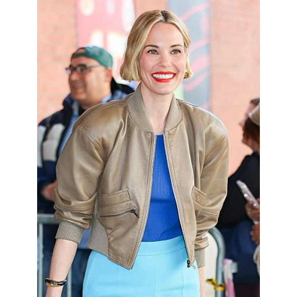 NYC 2025 Leslie Bibb Brown Bomber Jacket