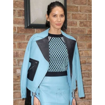 Olivia Munn Blue Leather Jacket