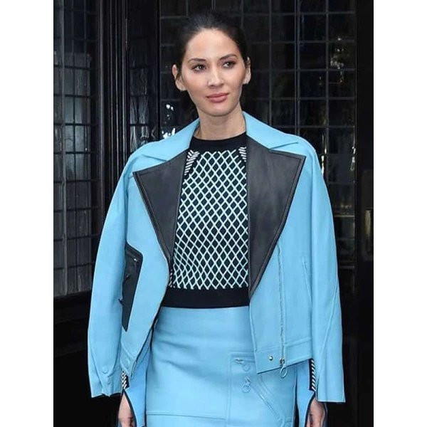 Olivia Munn Blue Leather Jacket