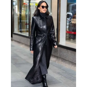 Olivia Munn Midtown NYC 2025 Black Leather Coat