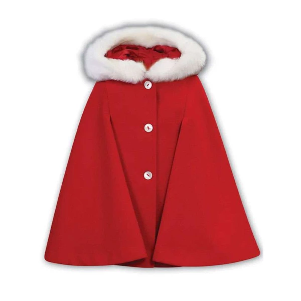 Red Winter Cape With White Faux Fur Collar