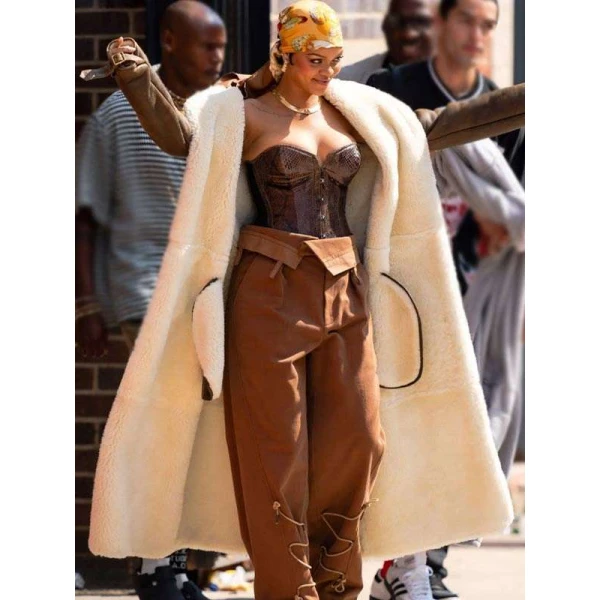 Rihanna Brown Shearling Trench Coat