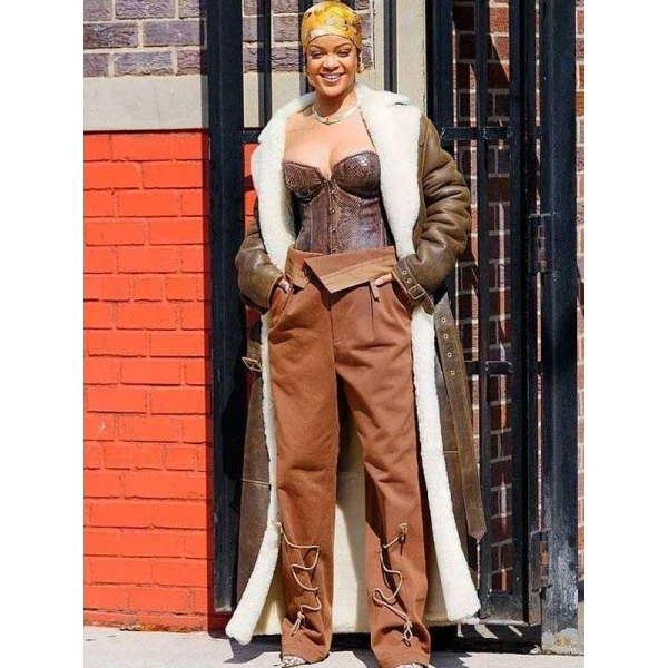 Rihanna Brown Shearling Trench Coat