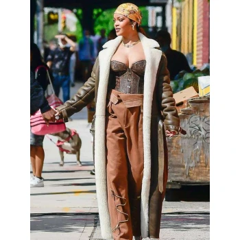 Rihanna Brown Shearling Trench Coat