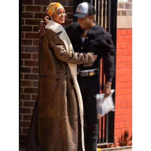 Rihanna Brown Shearling Trench Coat
