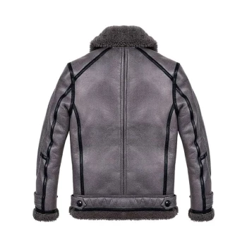 Stylish Grey Sheepskin Shearling Aviator Leather Jacket
