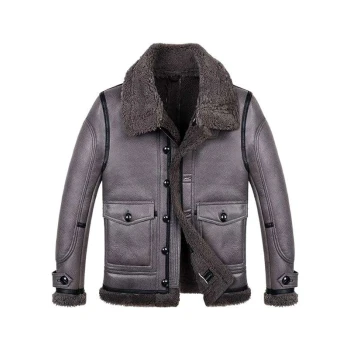 Stylish Grey Sheepskin Shearling Aviator Leather Jacket